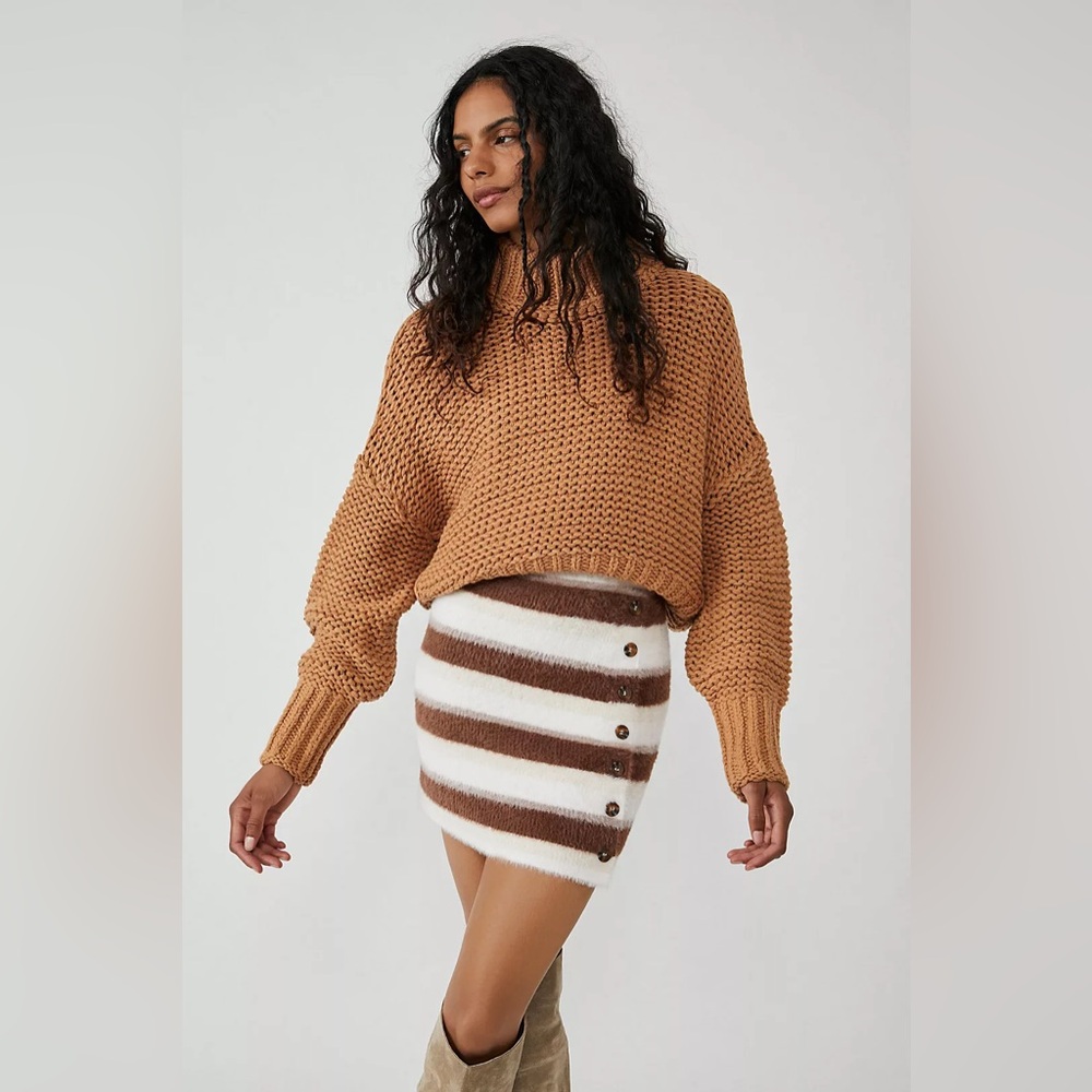 NWT Free People Brown & White Striped Ciara Sweater Mini Skirt Womens Size M